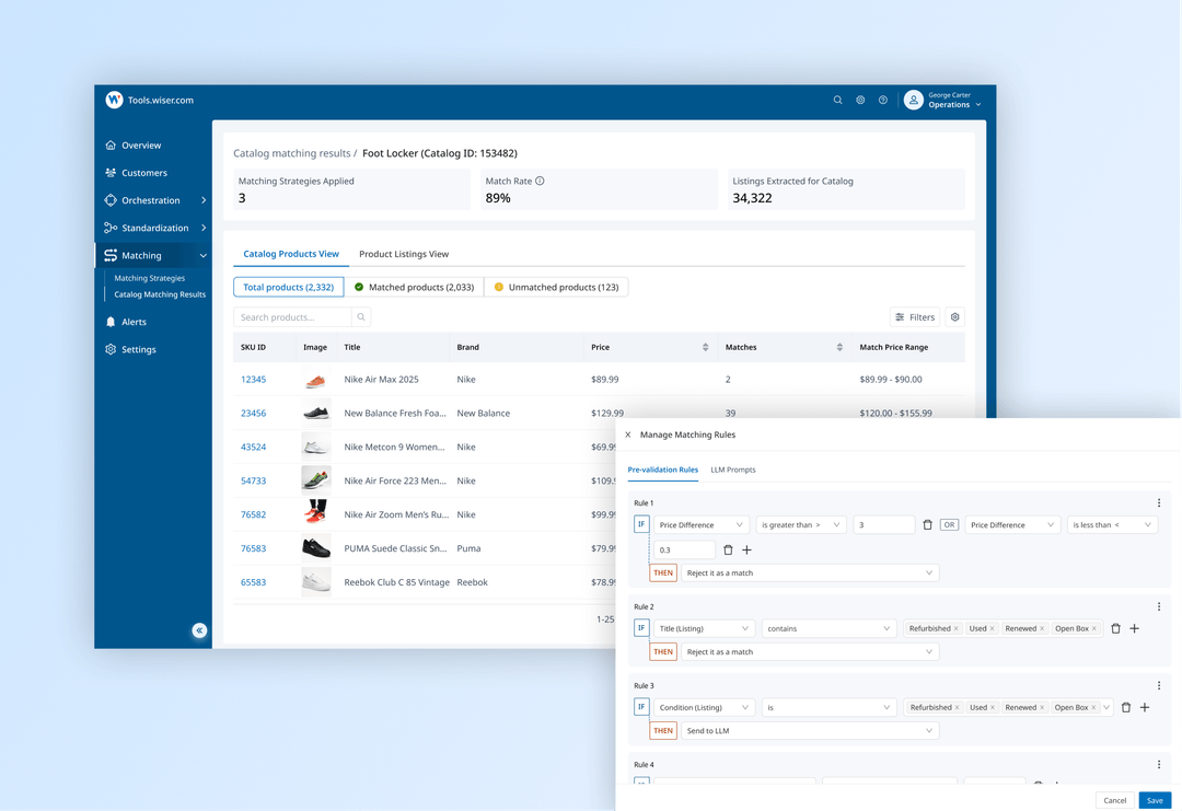 Wiser AI matching dashboard