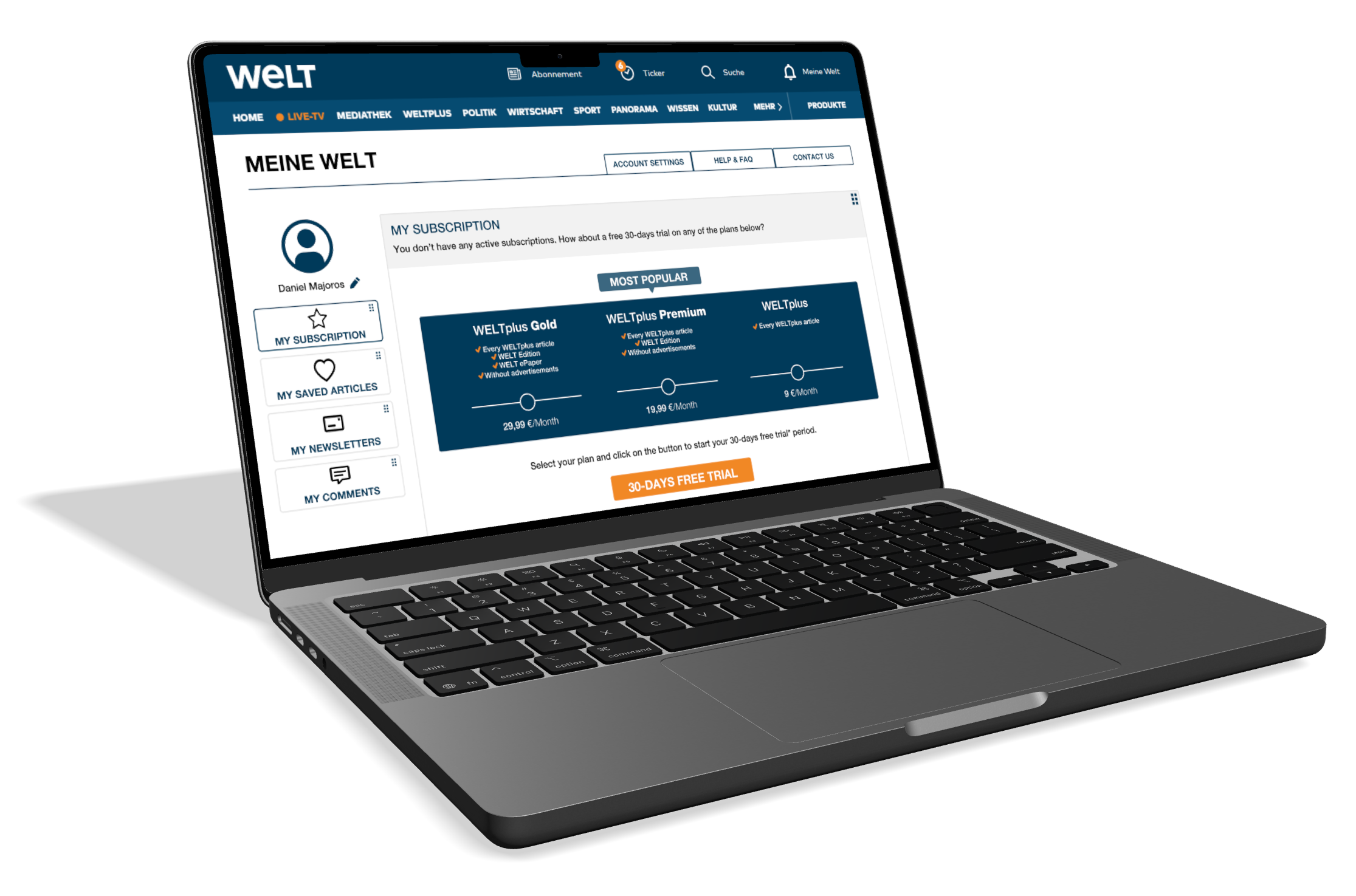 Open laptop displaying the WELT website subscription page with options for WELTplus Gold, WELTplus Premium, and WELTplus plans.