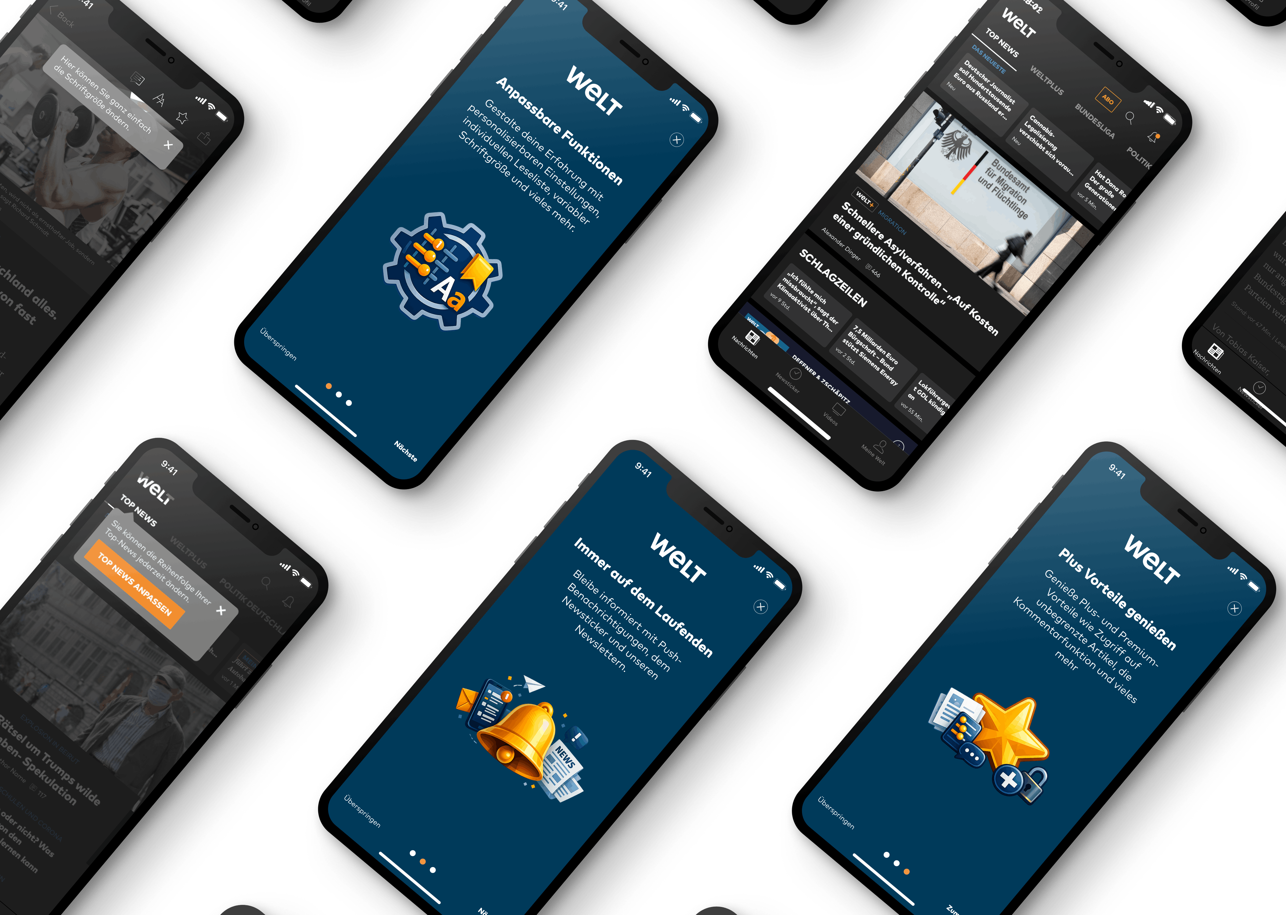 Multiple smartphones displaying various screens of the WELT app.
