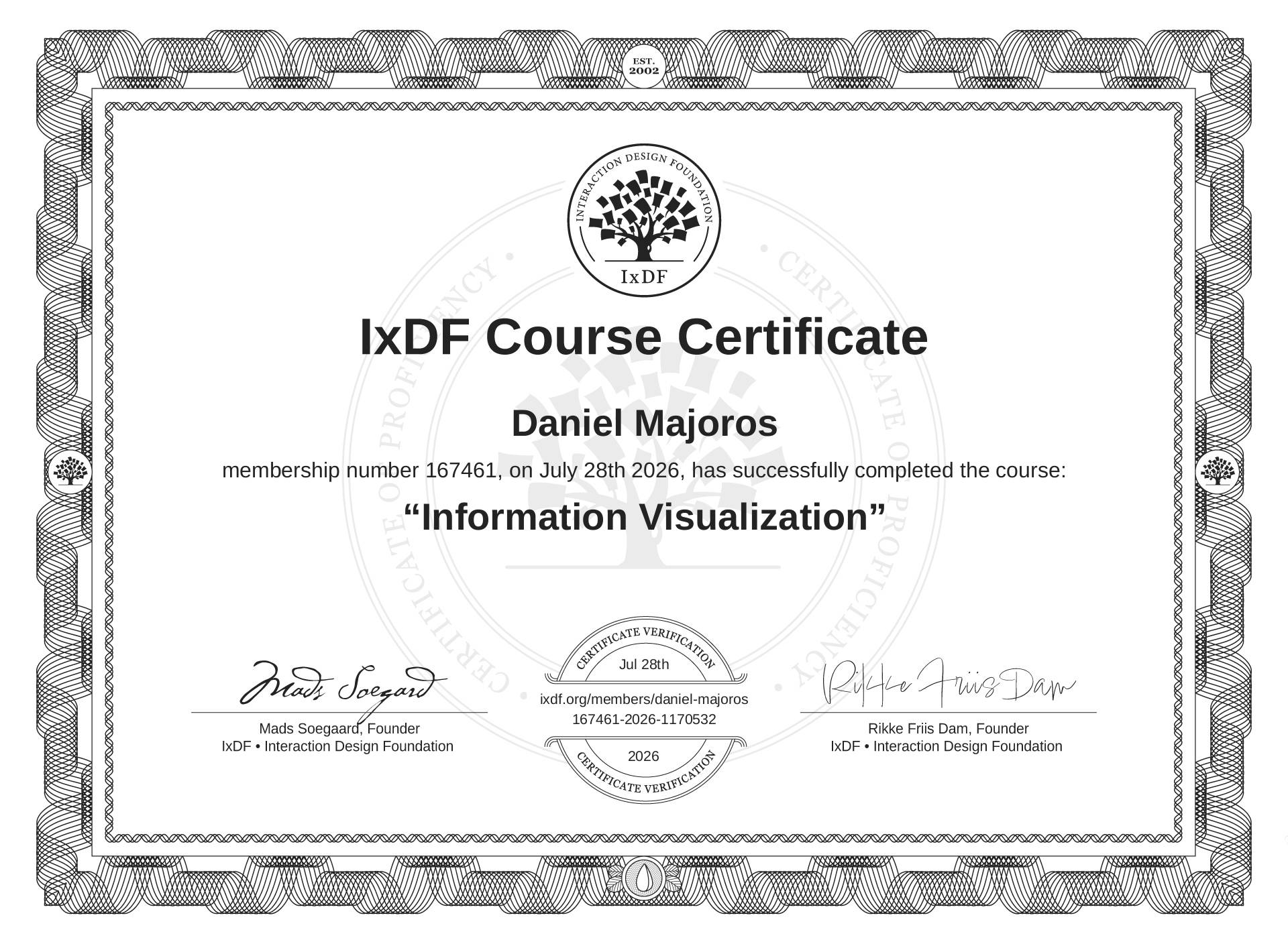 IxDF Course Certificate awarded to Daniel Majoros for completing 'Visual Design: The Ultimate Guide' on March 28th, 2025, with distinction in the top 10%.
