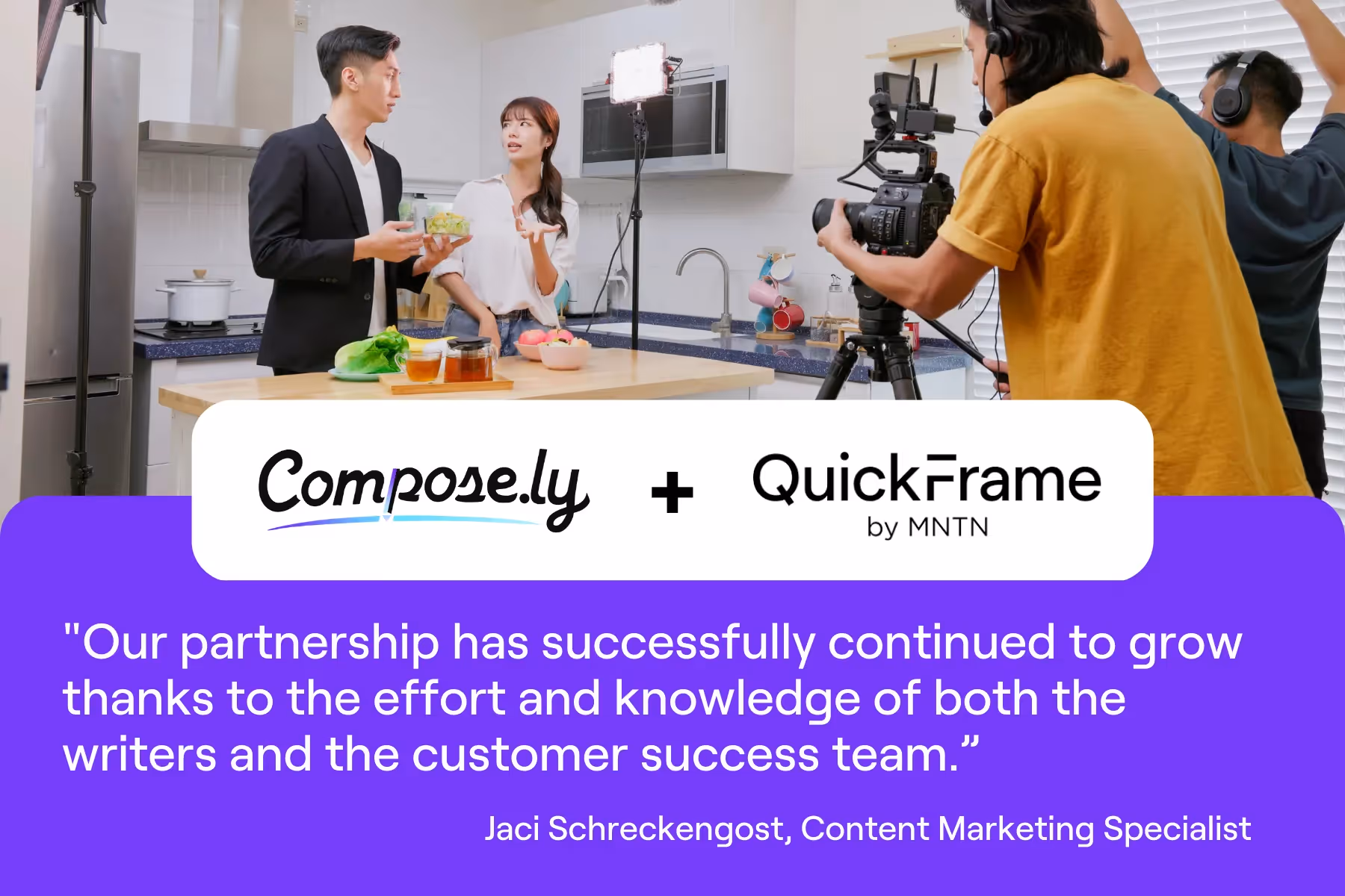 An asian couple stand before a camera with the QuickFrame and Composely logos beneath them