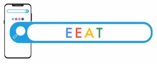 image of a search bar coming off of a cell phone that says "EEAT" in Google's colors