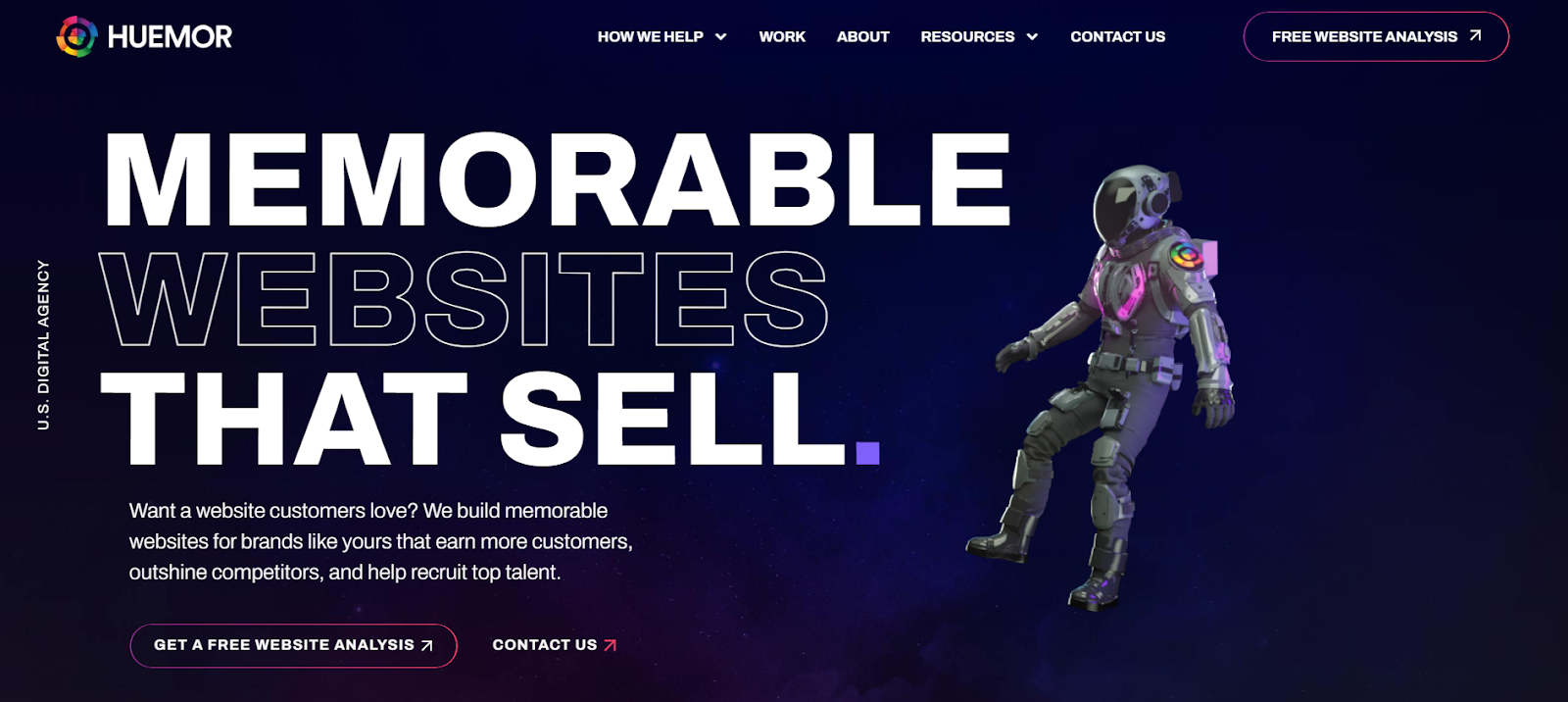 Huemor homepage with a call to action for a free website analysis