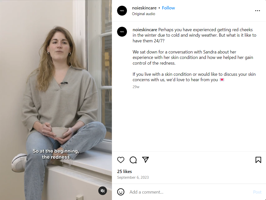 Noieskincare social post pairing a cta to reach out to them with a customer testimonial