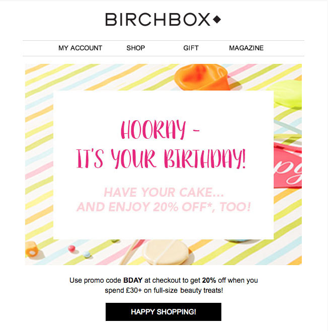 BirchBox email with CTA to use a birthday promo code for 20% off