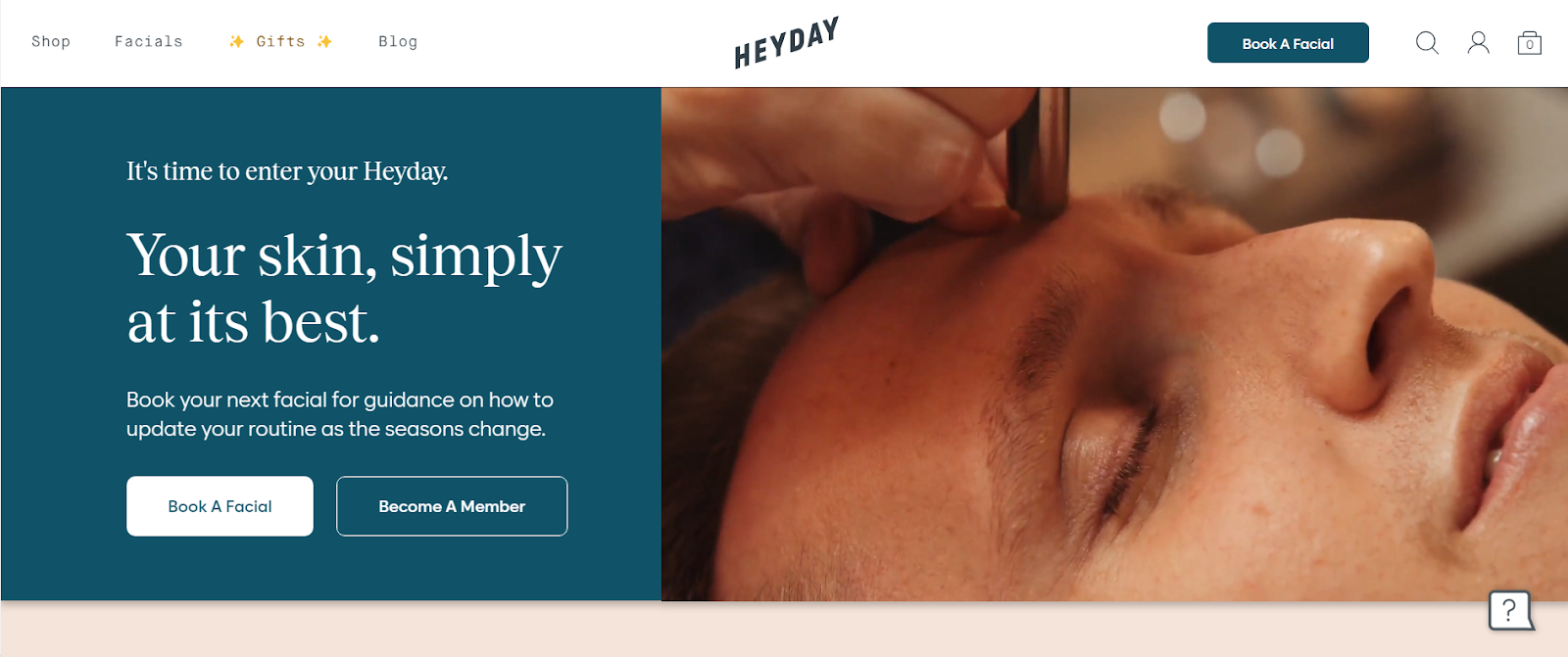 HeyDay booking page with CTA to book a facial or become a member