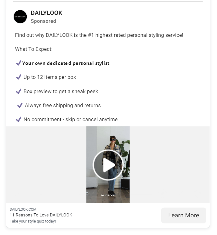 Dailylook social post with a video and CTA to learn more