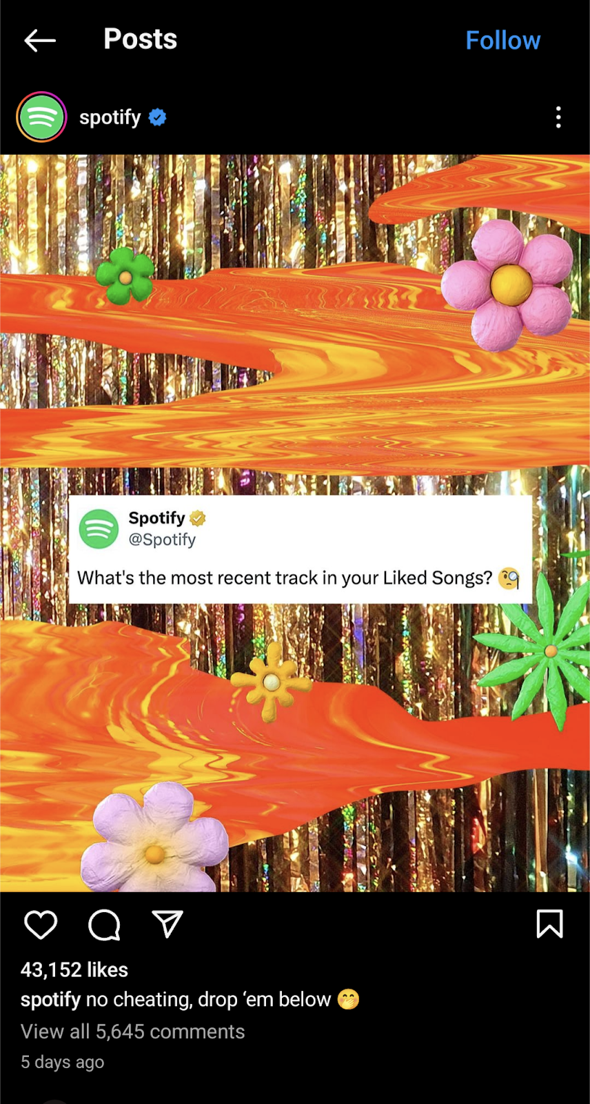 Spotify Instagram post asking viewers to add their most liked song in the comments
