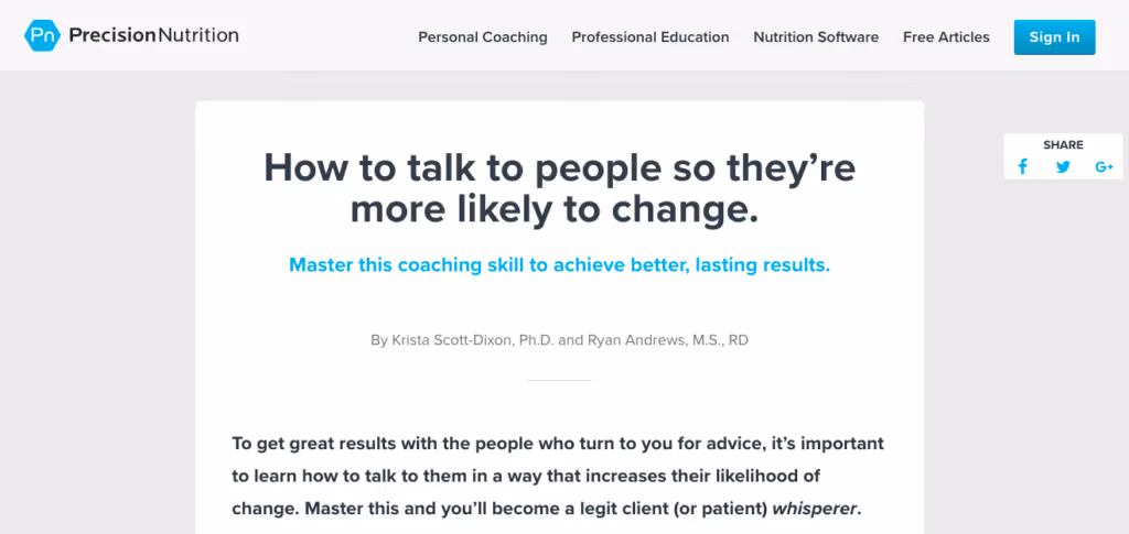 Precision Nutrition article guide screenshot