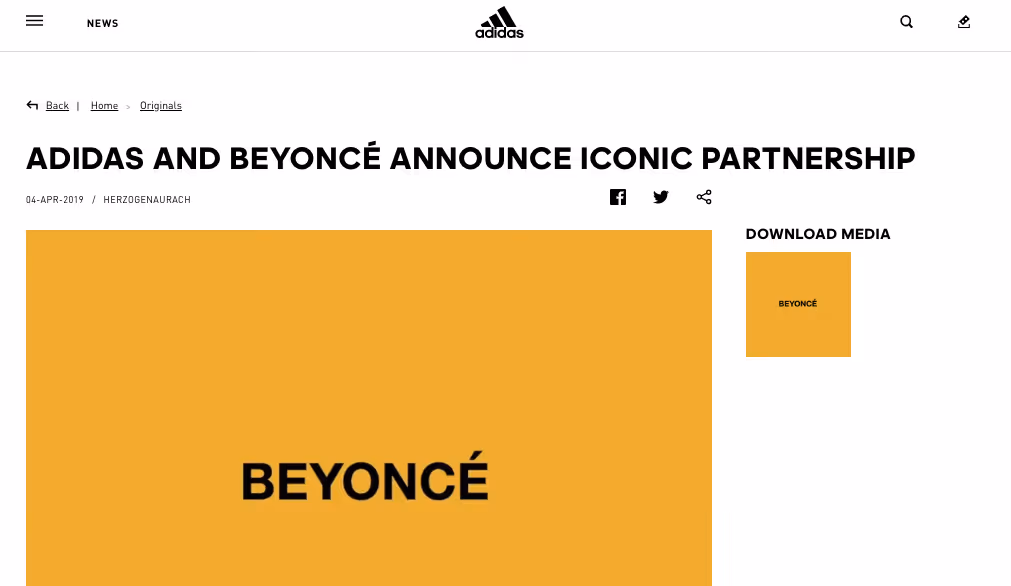 Screenshot of Adidas's press release
