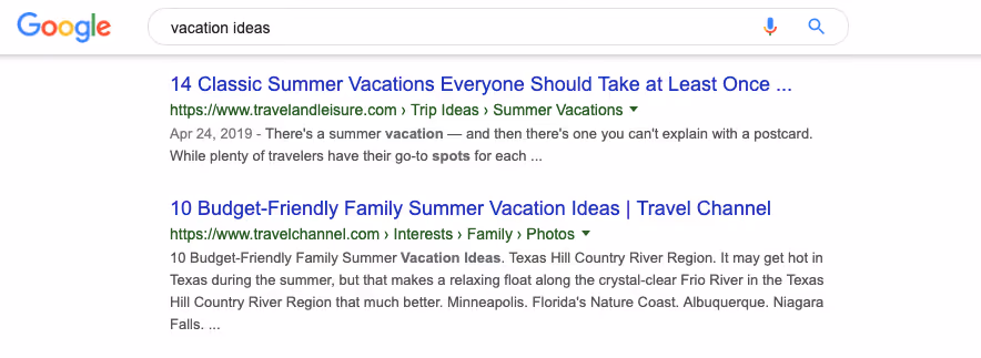 Google search results for "vacation ideas"