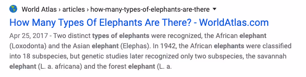 Google meta description types of elephants example