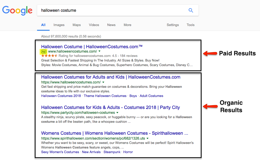 Google search results page with paid and organic results