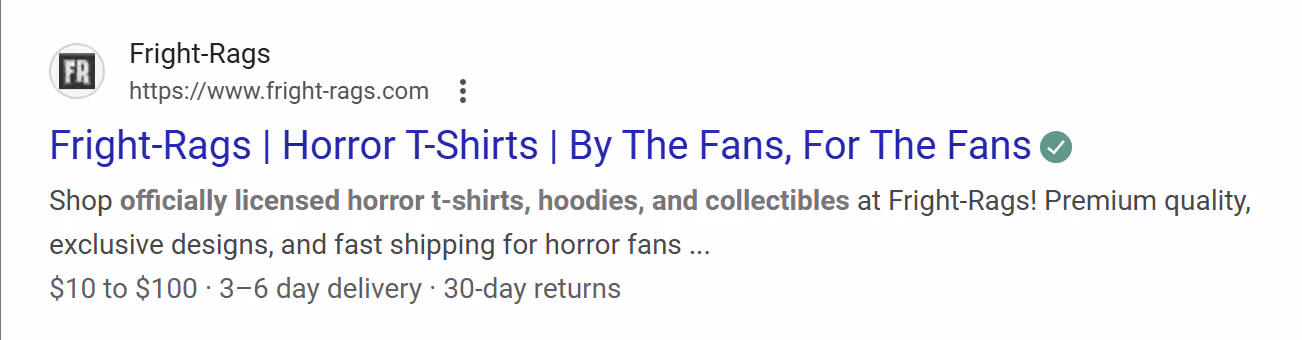A Google search result showing a meta description for Fright-Rags, highlighting horror t-shirts and collectibles.