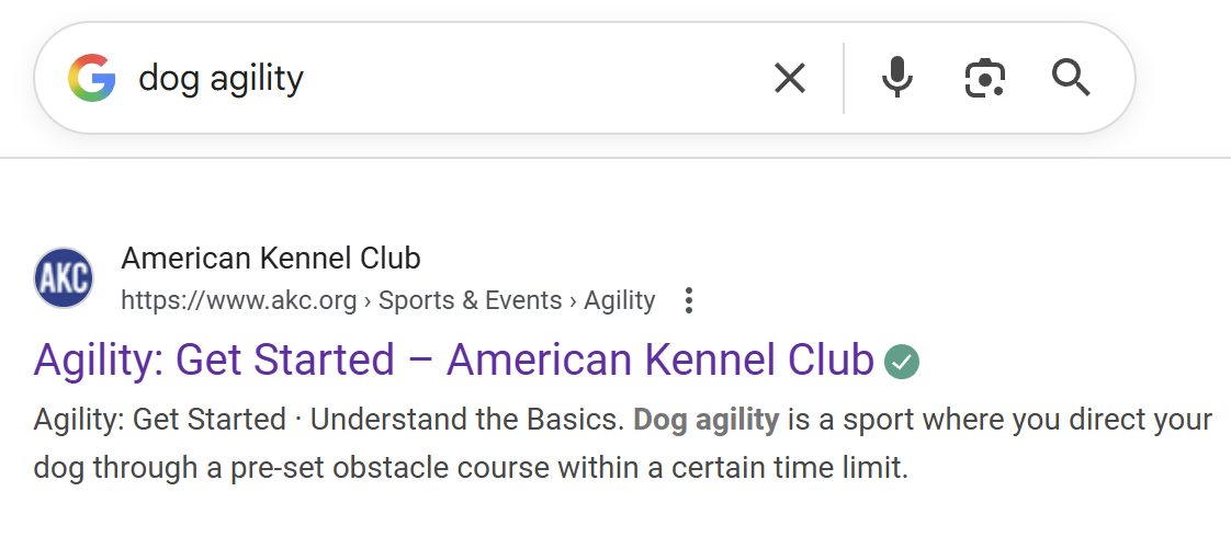 A Google search result showing the title and description for dog agility from the American Kennel Club, demonstrating the use of meta tags.
