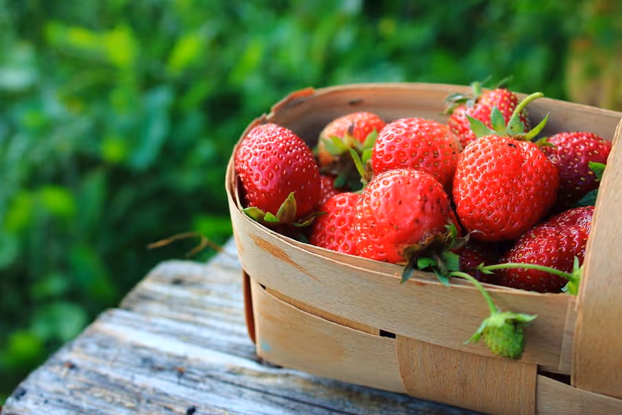 Strawberries in a basket on a wooden table
