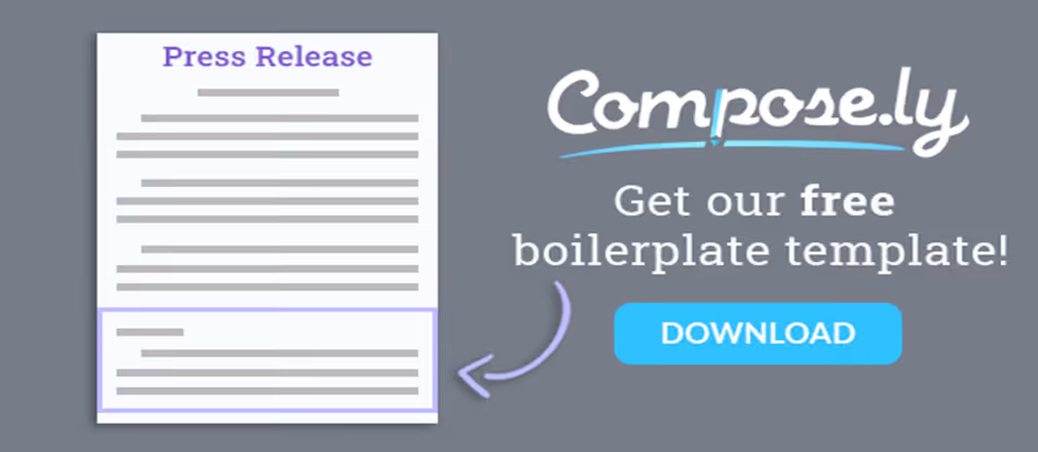 Graphic of a press release with a highlighted boilerplate section promoting a free boilerplate template download.