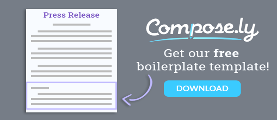 Graphic of a press release with a highlighted boilerplate section promoting a free boilerplate template download.