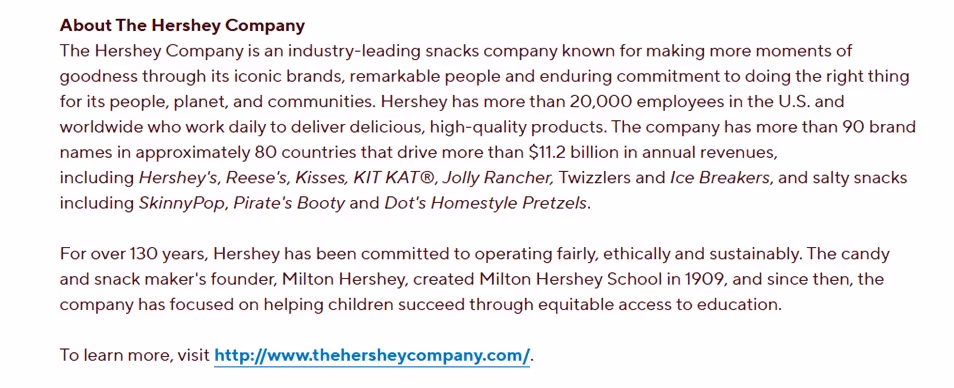 Text boilerplate example from The Hershey Company describing its mission, brands, and social impact.