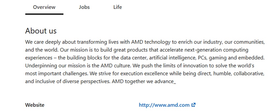 AMD's boilerplate outlining its mission, innovation focus, and commitment to inclusive technology leadership.