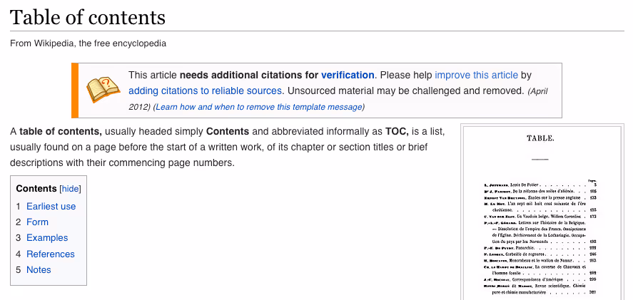 Wikipedia table of contents screenshot