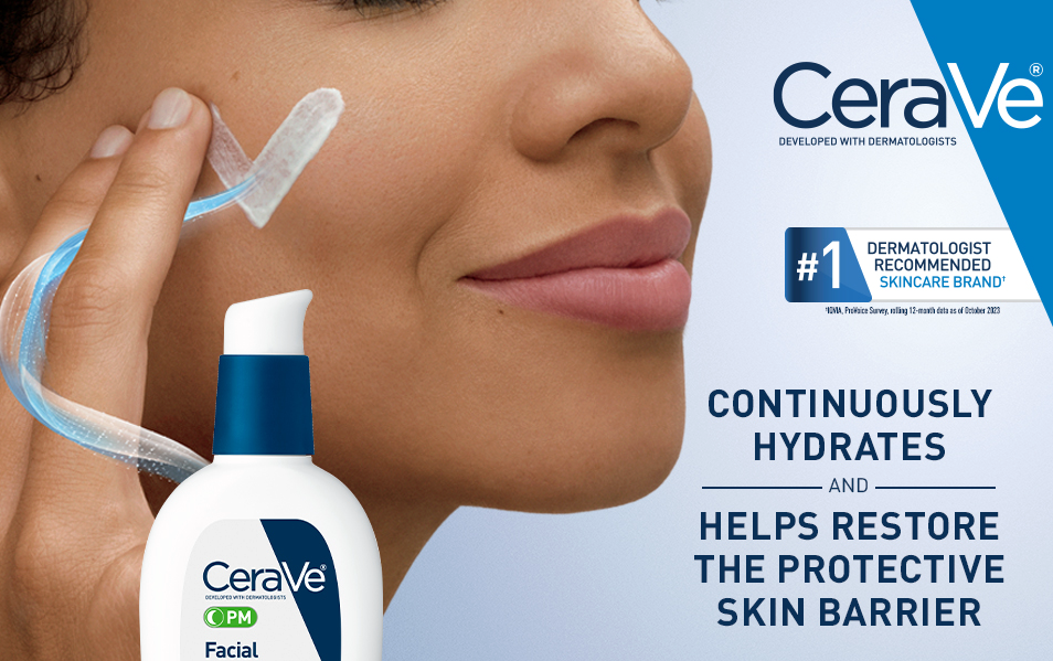 CeraVe ad showing a woman applying moisturizer to promote hydration and skin barrier repair.