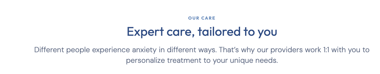 Expert treatment message offering personalized anxiety care and 1:1 support.