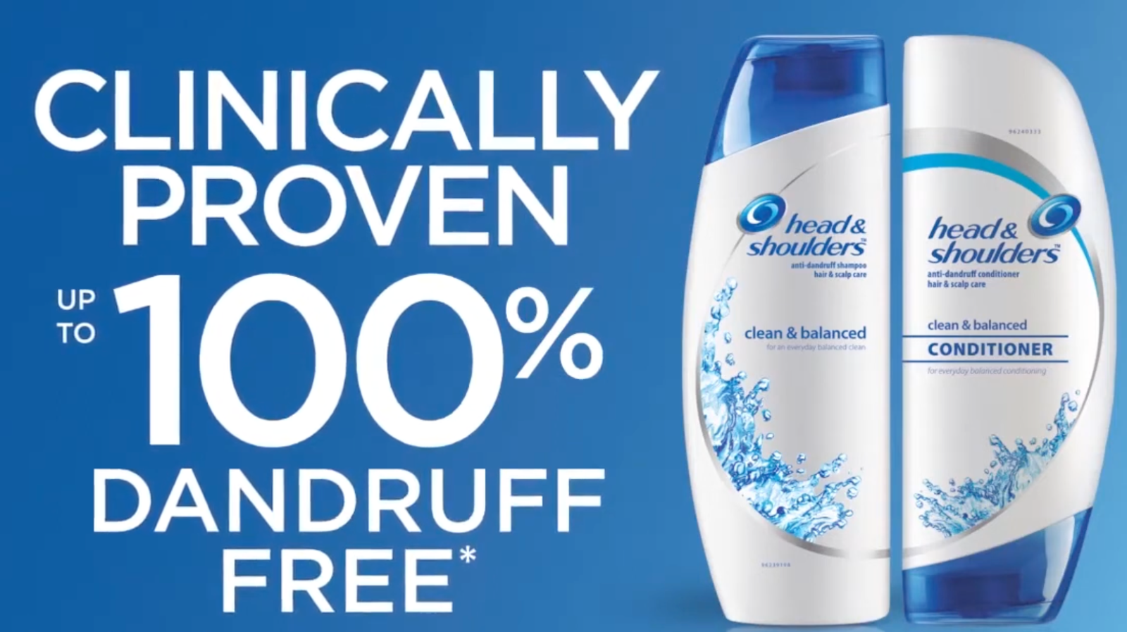Head & Shoulders ad showing clinically proven shampoo and conditioner for dandruff-free hair.