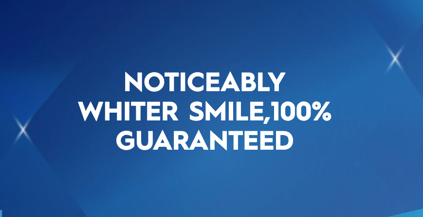 Ad claiming a noticeably whiter smile with 100% guaranteed results.