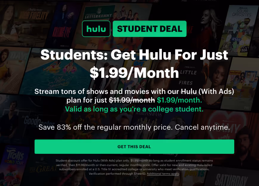 Hulu student deal ad offering access for just $1.99/month.