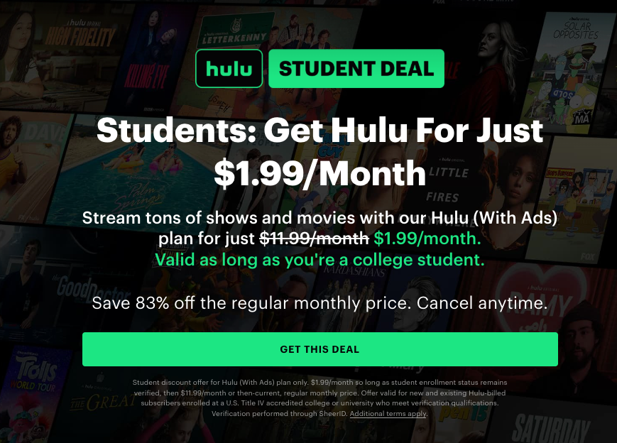 Hulu student deal ad offering access for just $1.99/month.