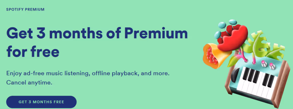 Spotify ad promoting 3 free months of Premium with ad-free music and cancel anytime option.