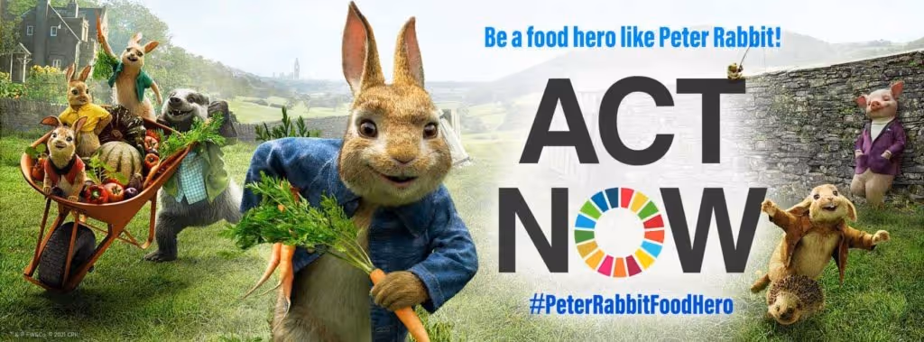 Peter Rabbit ad encouraging kids to act now as food heroes for a better future.