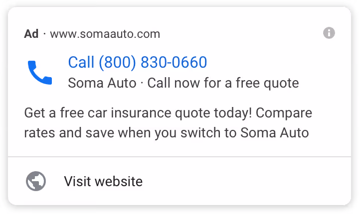 Online ad urging users to call now for a free car insurance quote from Soma Auto.
