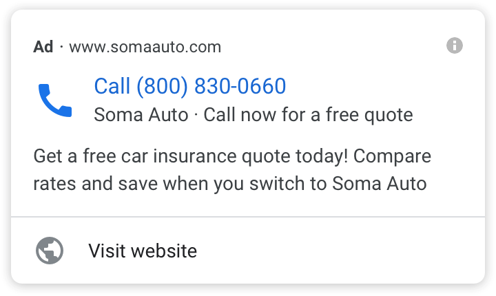 Online ad urging users to call now for a free car insurance quote from Soma Auto.