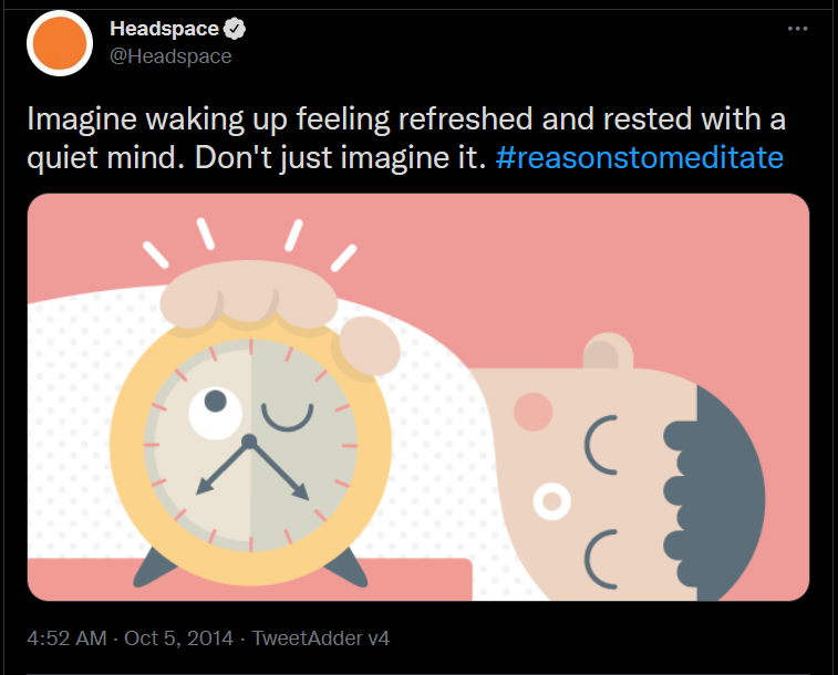 Headspace tweet encouraging meditation with an illustration of someone waking up to an alarm clock.