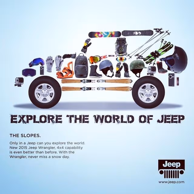Jeep ad made from winter gear, promoting 4x4 adventure and the freedom to explore the slopes.
