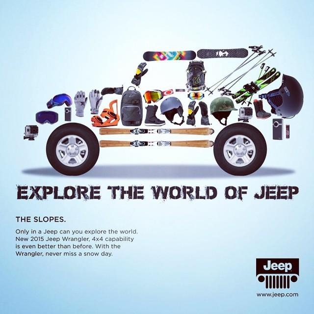 Jeep ad made from winter gear, promoting 4x4 adventure and the freedom to explore the slopes.