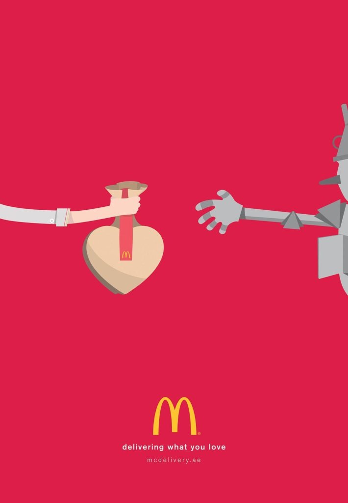 McDonald's ad showing a heart-shaped bag being delivered to a robot, symbolizing love and fast delivery.