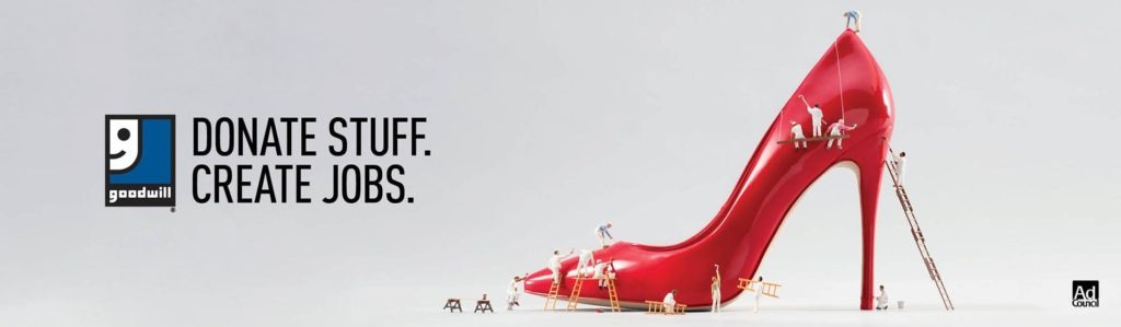 Goodwill ad showing people working on a high heel to highlight how donations help create jobs.