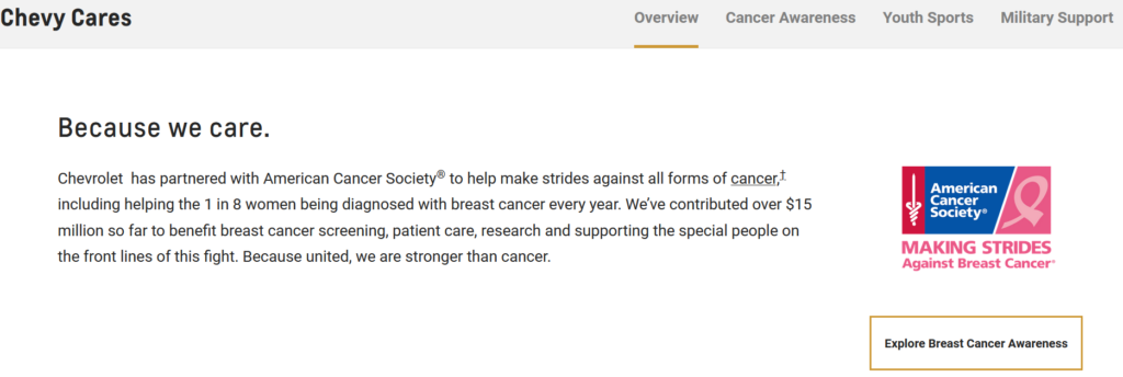 Chevrolet ad supporting breast cancer awareness with the message “Because we care.”