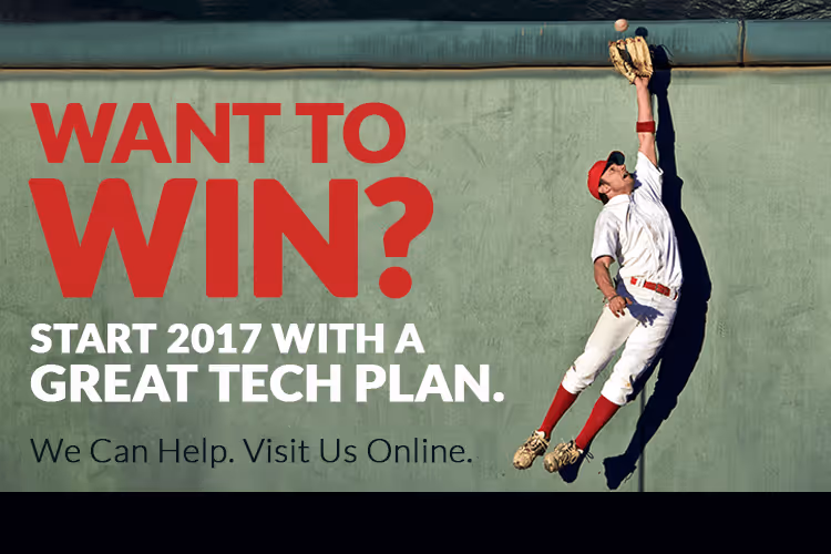 Ad showing a baseball player catching a ball with bold text asking “Want to win?” promoting tech success.