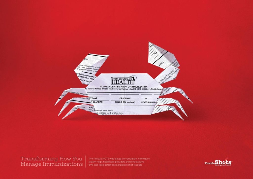 Florida SHOTS ad showing an origami crab made from an immunization form to represent transforming how records are managed.