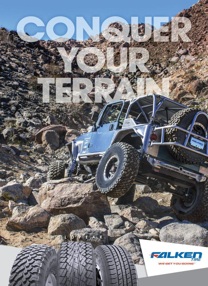 Falken Tire ad showing an off-road vehicle climbing rocks with the message “Conquer Your Terrain.”