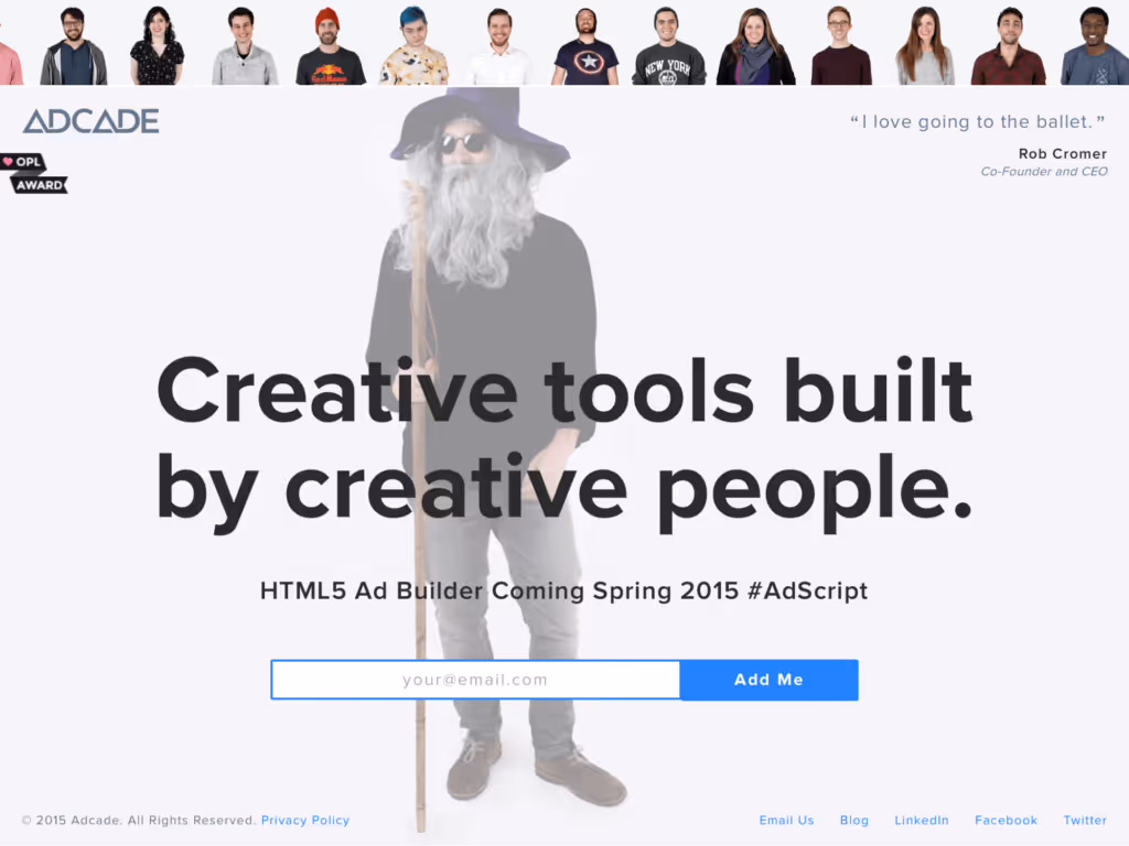 Adcade promo featuring a creative team and tools built by creative people for ad building.