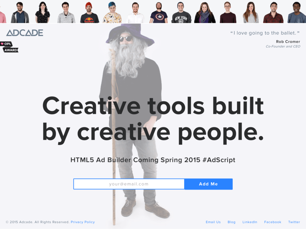 Adcade promo featuring a creative team and tools built by creative people for ad building.