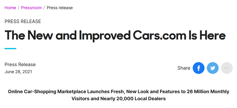 Press release announcing the new and improved Cars.com with fresh features and design.