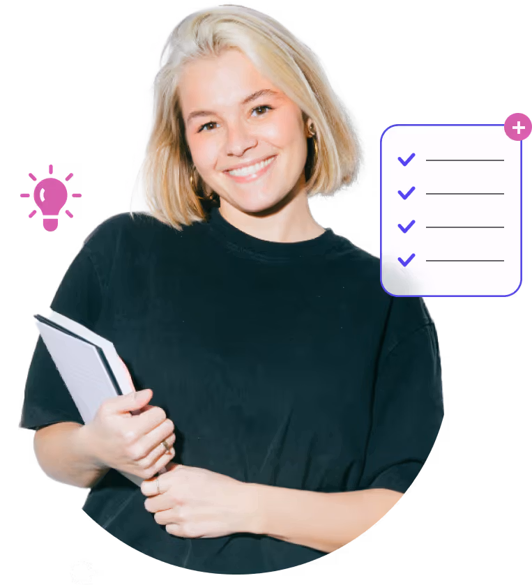 Girl wearing black shirt holding a notebook