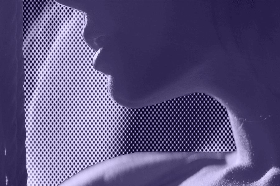 The lower half of a woman's face is depicted with shibari rope close to her.