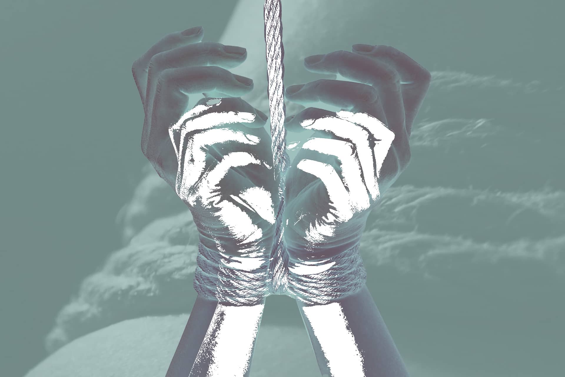 A pair of hands is tied in a double-column tie on a green background and a close-up of shibari rope.